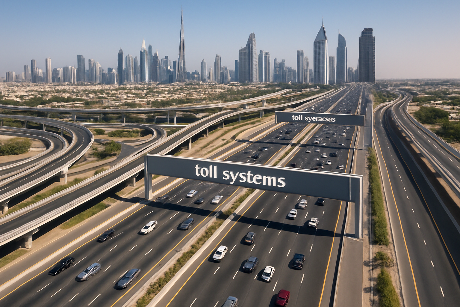 Aerial view of Dubai’s main expressways with toll systems