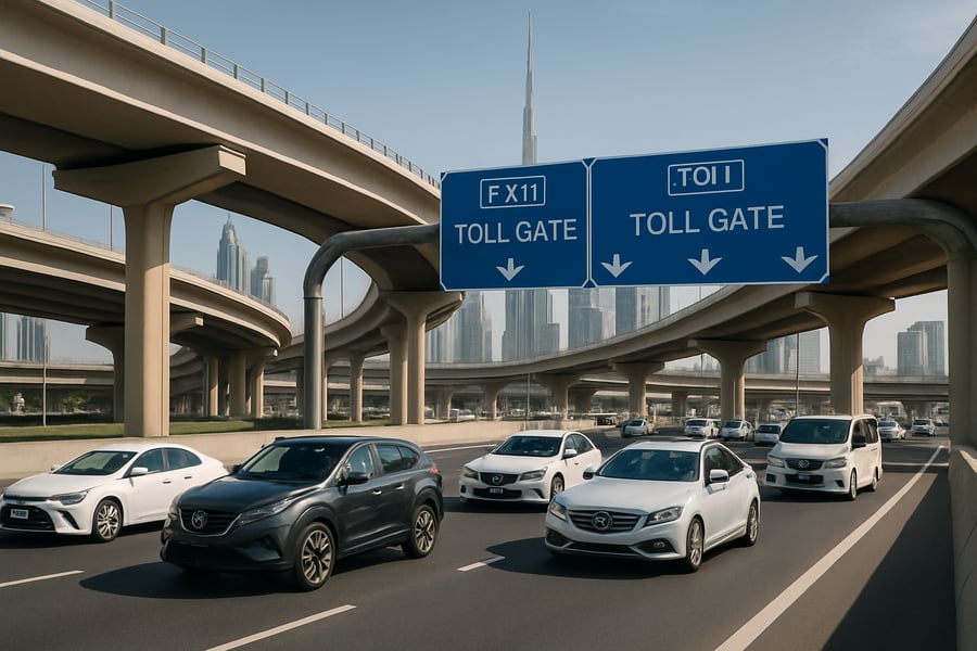 Dubai toll road infrastructure with modern vehicles Dubai toll road infrastructure with modern vehicles