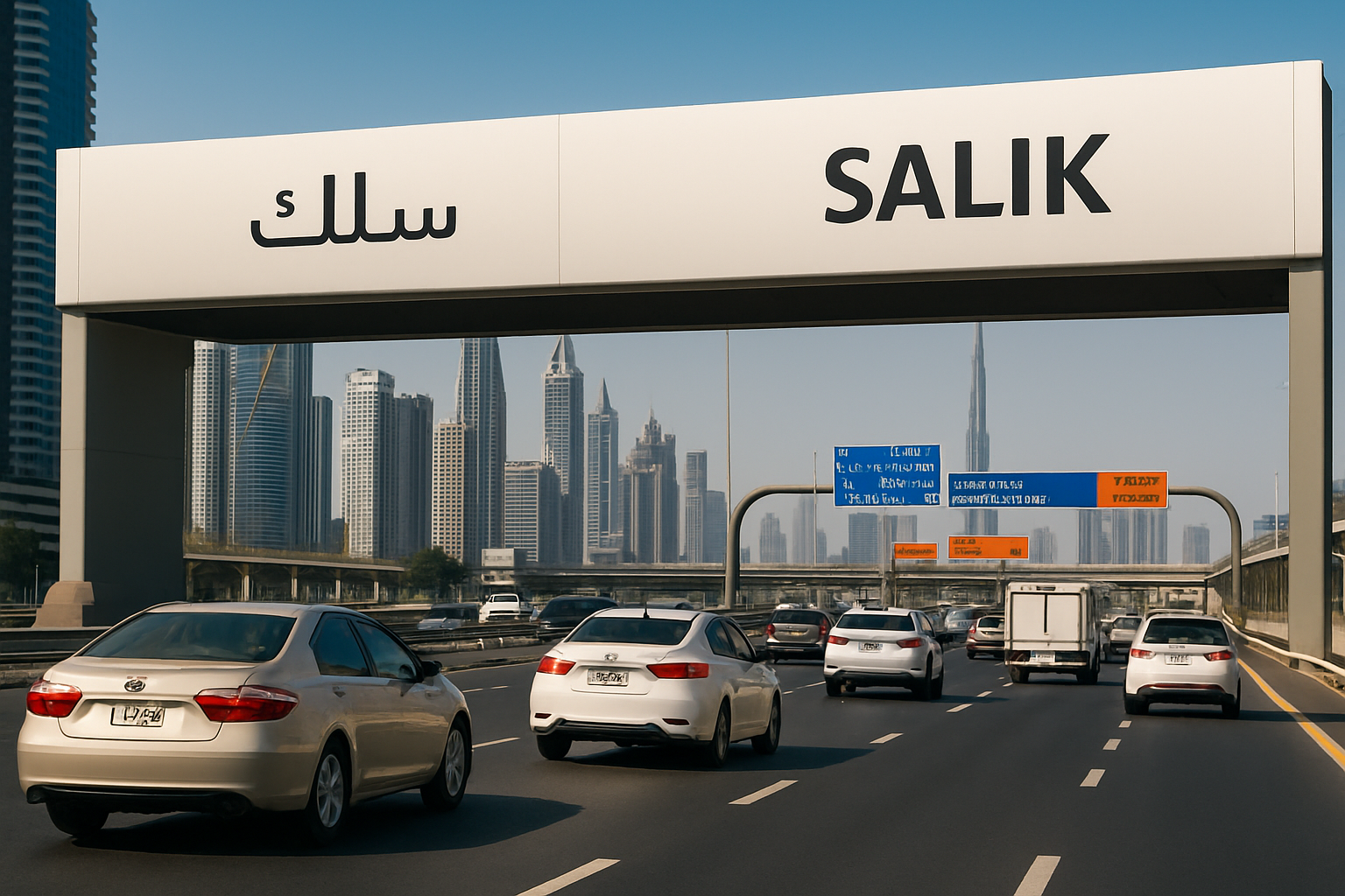 Salik toll gate on a busy Dubai highway