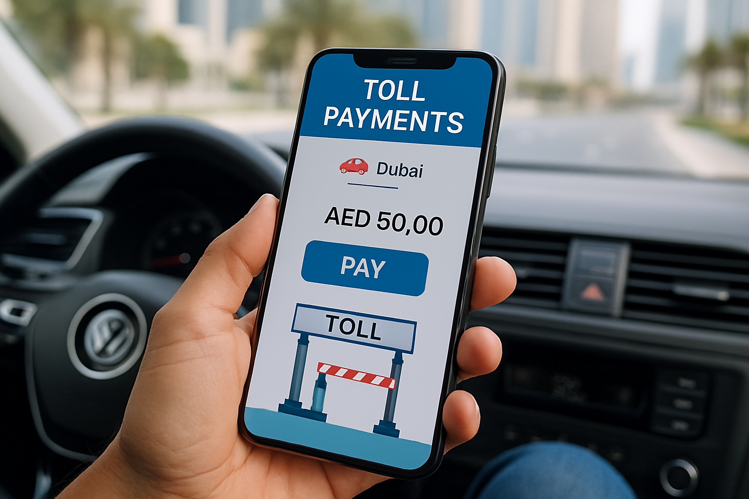Person using a mobile app for toll payments in Dubai